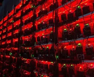 A vast mining farm with rows of servers