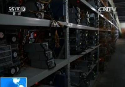 A mining farm with ASIC miners lined up for cryptocurrency mining operations.